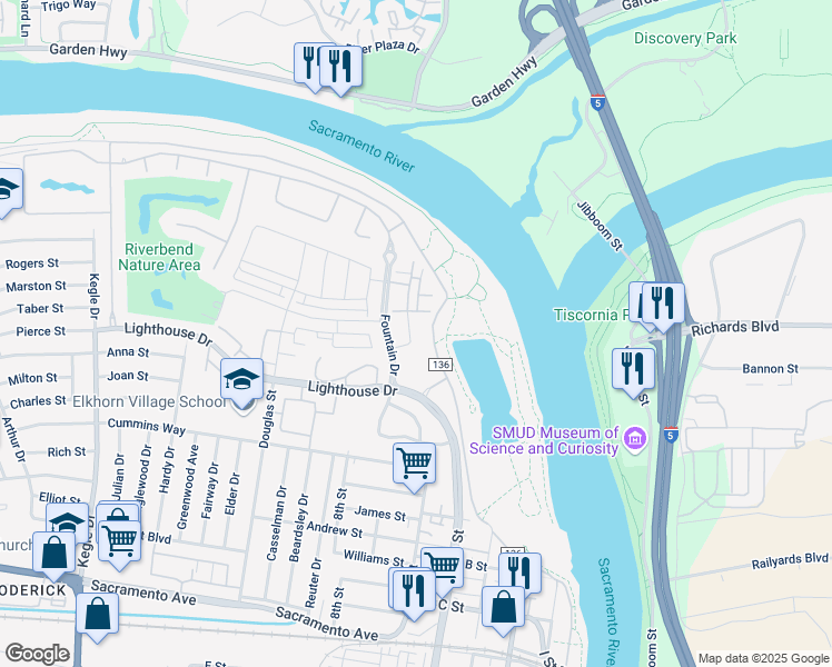 map of restaurants, bars, coffee shops, grocery stores, and more near 485 Regatta Lane in West Sacramento