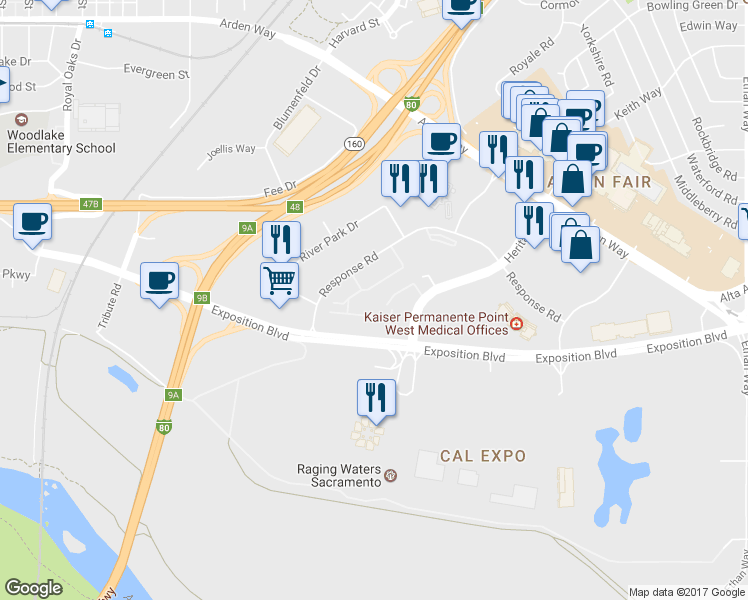 map of restaurants, bars, coffee shops, grocery stores, and more near 1749-1759 Heritage Lane in Sacramento