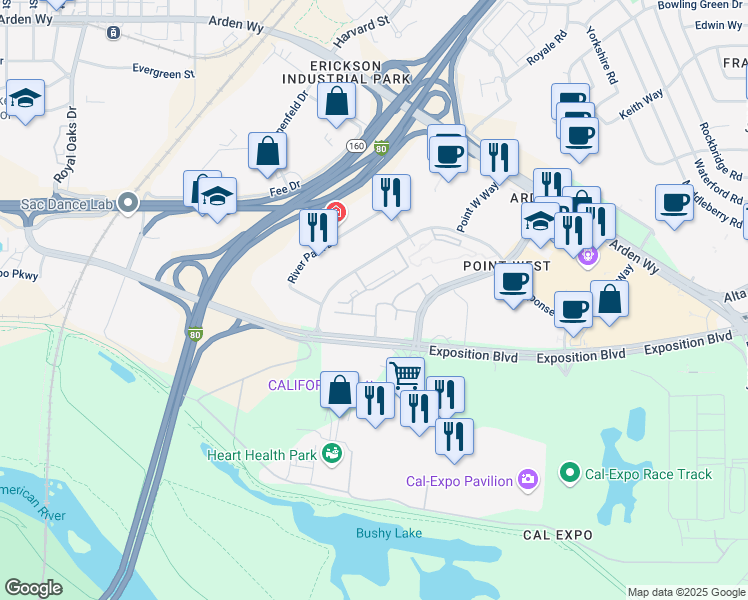 map of restaurants, bars, coffee shops, grocery stores, and more near 1749-1759 Heritage Lane in Sacramento