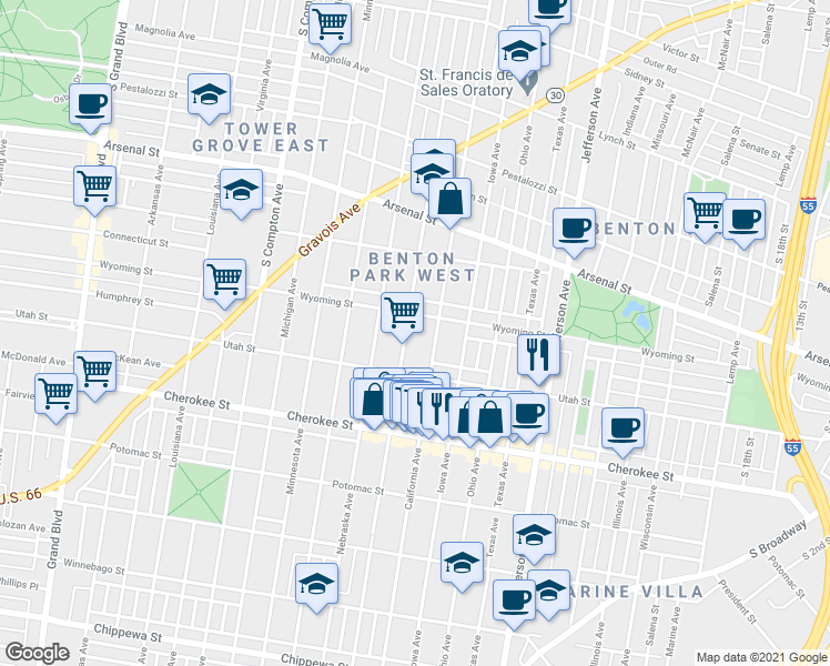 map of restaurants, bars, coffee shops, grocery stores, and more near 3232 California Avenue in St. Louis