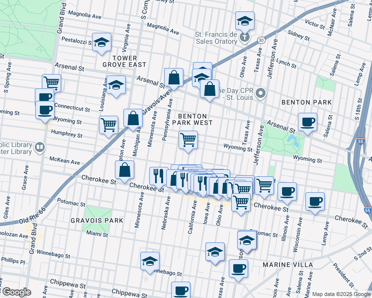 map of restaurants, bars, coffee shops, grocery stores, and more near 3237 Oregon Avenue in St. Louis