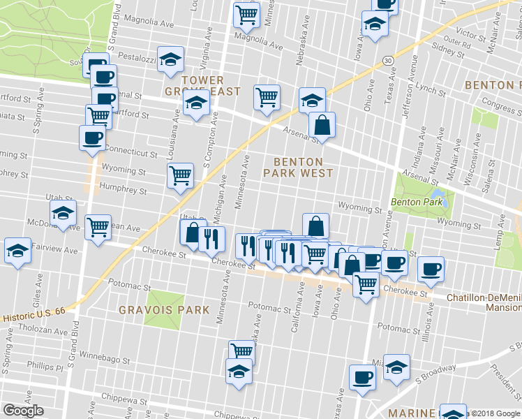 map of restaurants, bars, coffee shops, grocery stores, and more near 3242 Pennsylvania Avenue in St. Louis