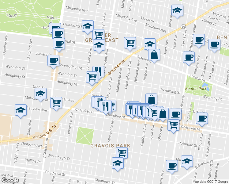 map of restaurants, bars, coffee shops, grocery stores, and more near 3027 Utah Street in St. Louis
