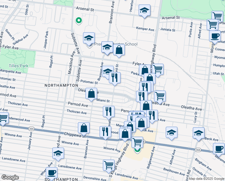 map of restaurants, bars, coffee shops, grocery stores, and more near 5008 Oleatha Avenue in St. Louis
