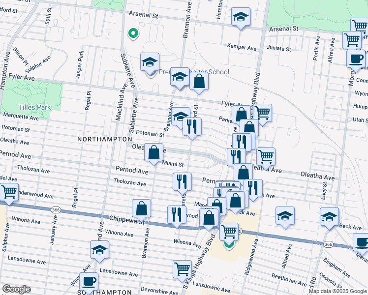 map of restaurants, bars, coffee shops, grocery stores, and more near 5008 Oleatha Avenue in St. Louis