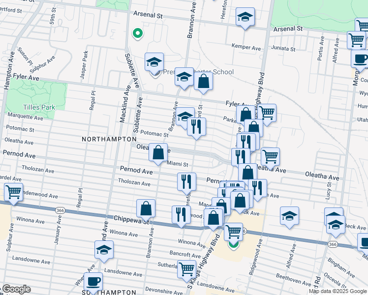 map of restaurants, bars, coffee shops, grocery stores, and more near 5008 Oleatha Avenue in St. Louis