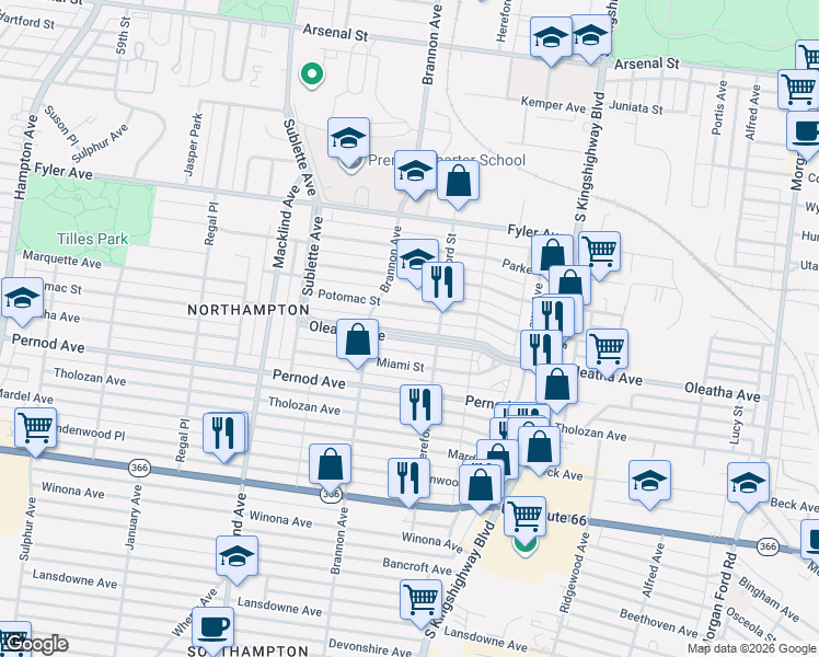 map of restaurants, bars, coffee shops, grocery stores, and more near 5046 Oleatha Avenue in St. Louis