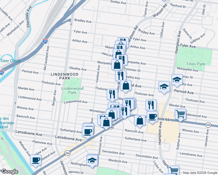 map of restaurants, bars, coffee shops, grocery stores, and more near 6516 Tholozan Avenue in St. Louis