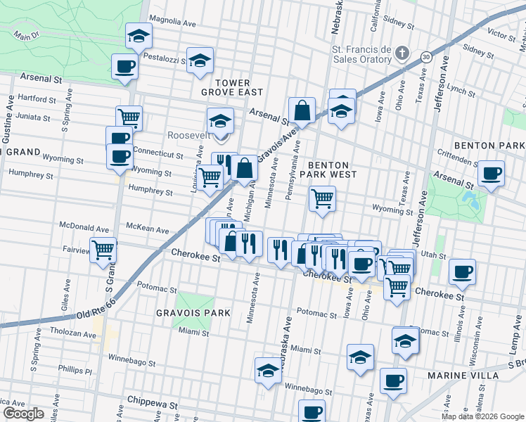 map of restaurants, bars, coffee shops, grocery stores, and more near 3235 Minnesota Avenue in St. Louis