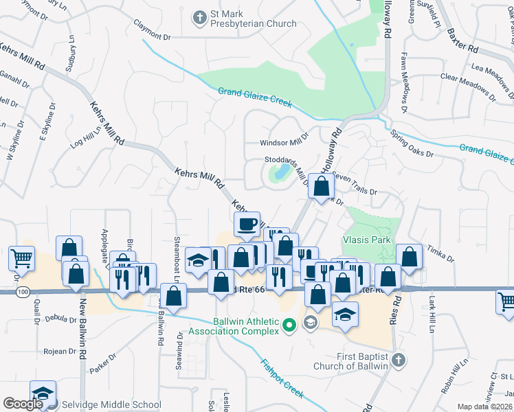 map of restaurants, bars, coffee shops, grocery stores, and more near 136 Essen Place Drive in Ballwin