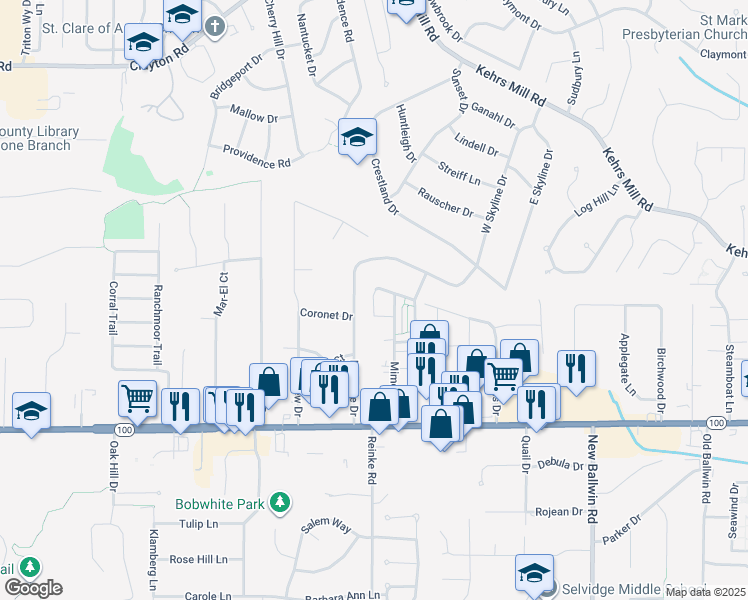 map of restaurants, bars, coffee shops, grocery stores, and more near 167 Cumberland Park Lane in Ballwin