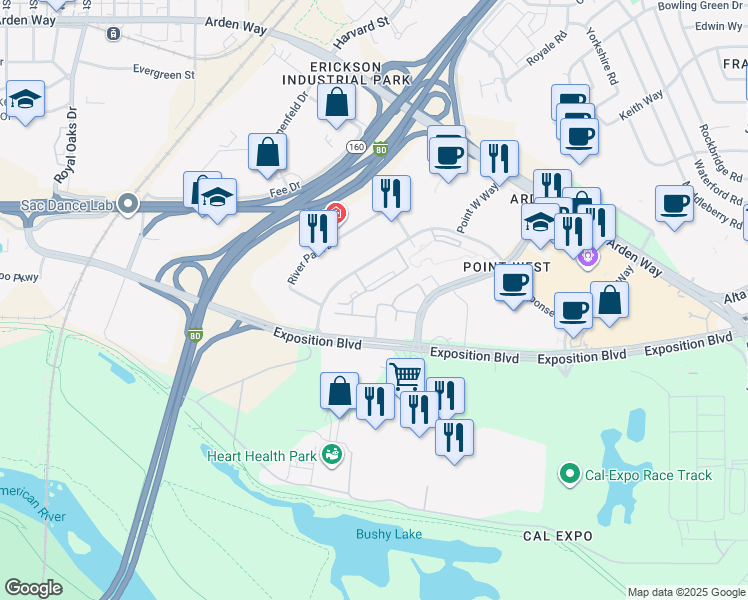 map of restaurants, bars, coffee shops, grocery stores, and more near 1749-1759 Heritage Lane in Sacramento