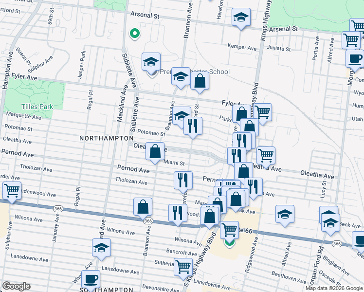 map of restaurants, bars, coffee shops, grocery stores, and more near 5008 Oleatha Avenue in St. Louis