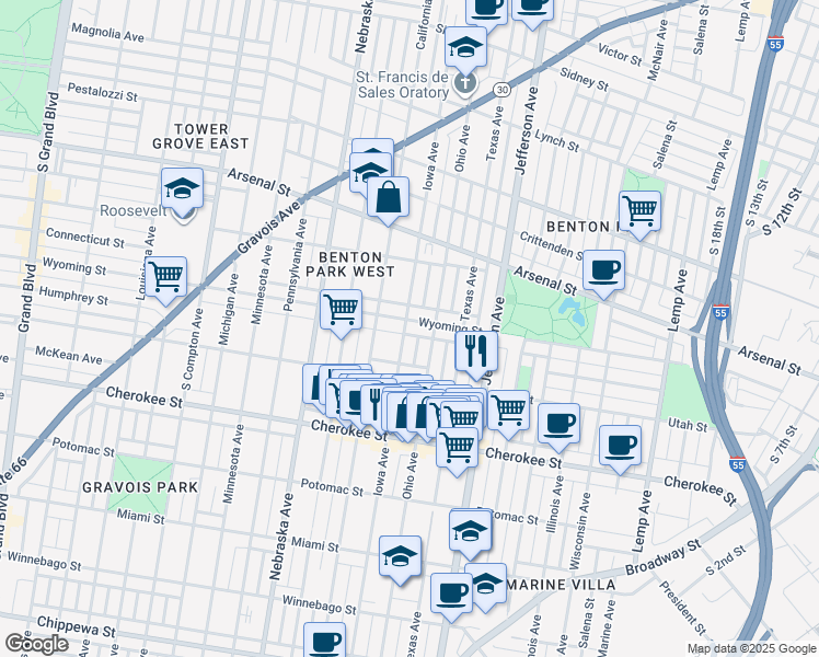 map of restaurants, bars, coffee shops, grocery stores, and more near 3226 Iowa Avenue in St. Louis