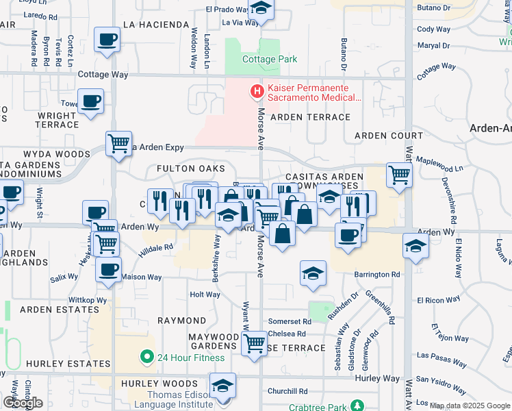 map of restaurants, bars, coffee shops, grocery stores, and more near 3101 Arden Way in Sacramento