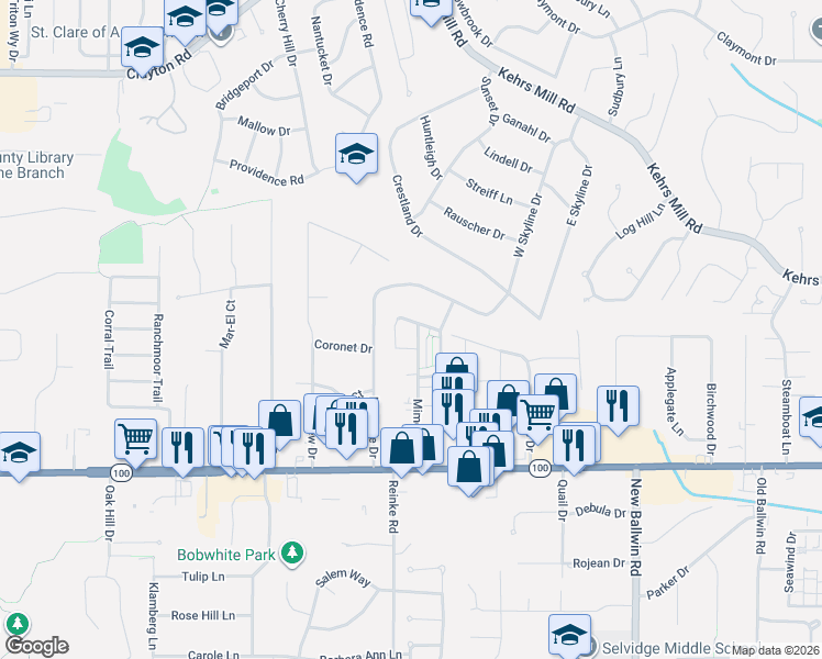 map of restaurants, bars, coffee shops, grocery stores, and more near 160 Cumberland Park Court in Ballwin