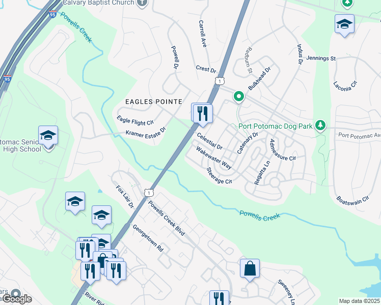 map of restaurants, bars, coffee shops, grocery stores, and more near 2803 Wakewater Way in Woodbridge