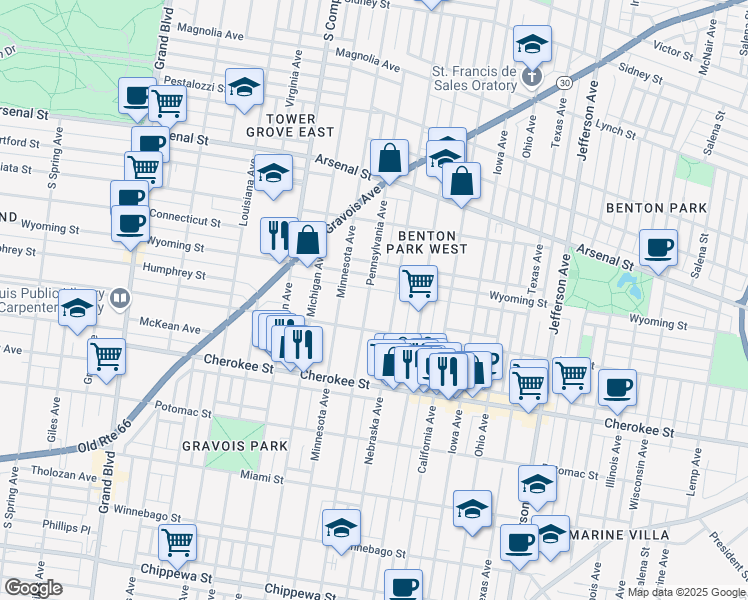 map of restaurants, bars, coffee shops, grocery stores, and more near 3224 Pennsylvania Avenue in St. Louis