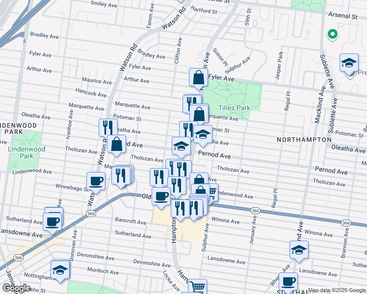 map of restaurants, bars, coffee shops, grocery stores, and more near 6020 Pernod Avenue in St. Louis