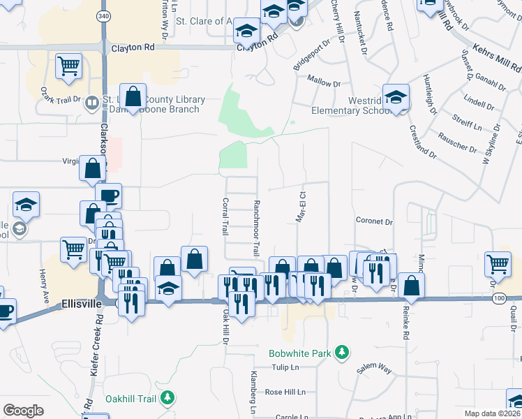 map of restaurants, bars, coffee shops, grocery stores, and more near 159 Ranchmoor Trail in Ellisville