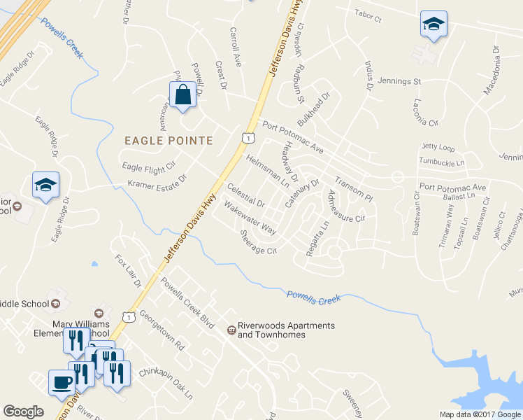 map of restaurants, bars, coffee shops, grocery stores, and more near 16382 Gangplank Lane in Woodbridge