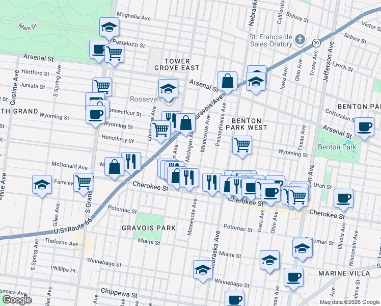 map of restaurants, bars, coffee shops, grocery stores, and more near 3259 Michigan Avenue in St. Louis