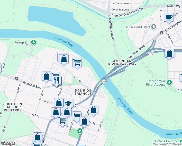 map of restaurants, bars, coffee shops, grocery stores, and more near 1421 Richards Boulevard in Sacramento