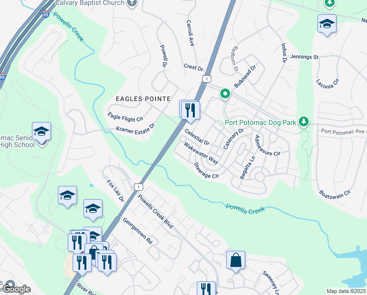 map of restaurants, bars, coffee shops, grocery stores, and more near 2775 Wakewater Way in Woodbridge