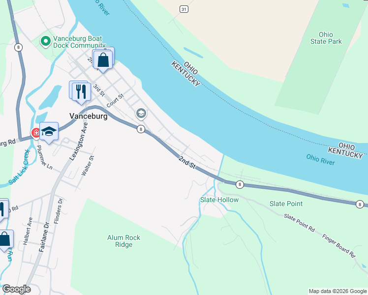 map of restaurants, bars, coffee shops, grocery stores, and more near 554 Front Street in Vanceburg