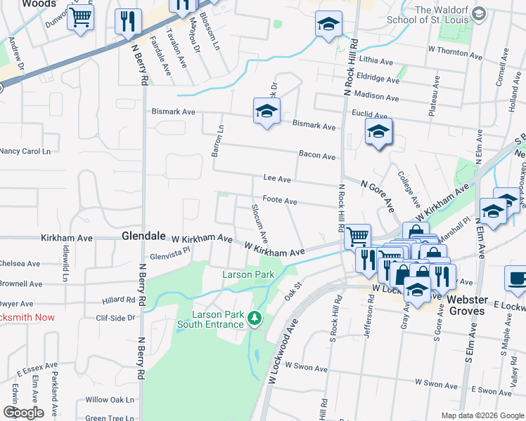 map of restaurants, bars, coffee shops, grocery stores, and more near 147 Slocum Avenue in Webster Groves