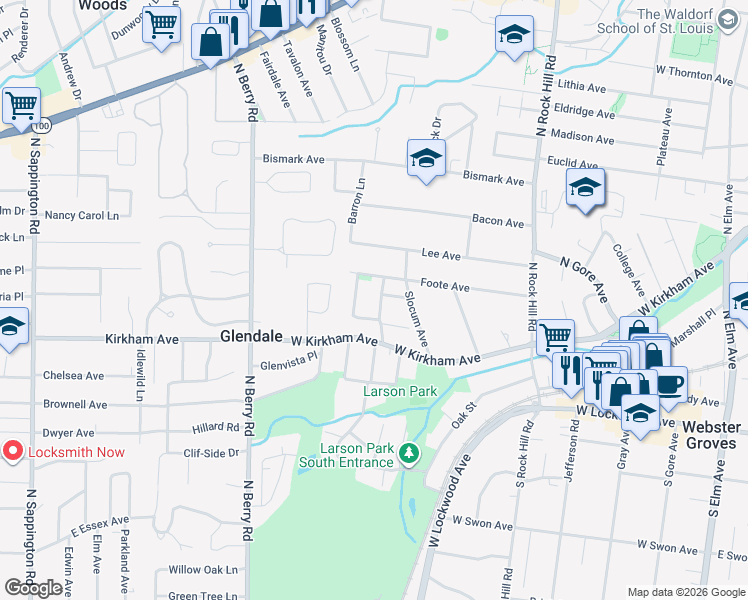 map of restaurants, bars, coffee shops, grocery stores, and more near 121 Hull Avenue in Webster Groves