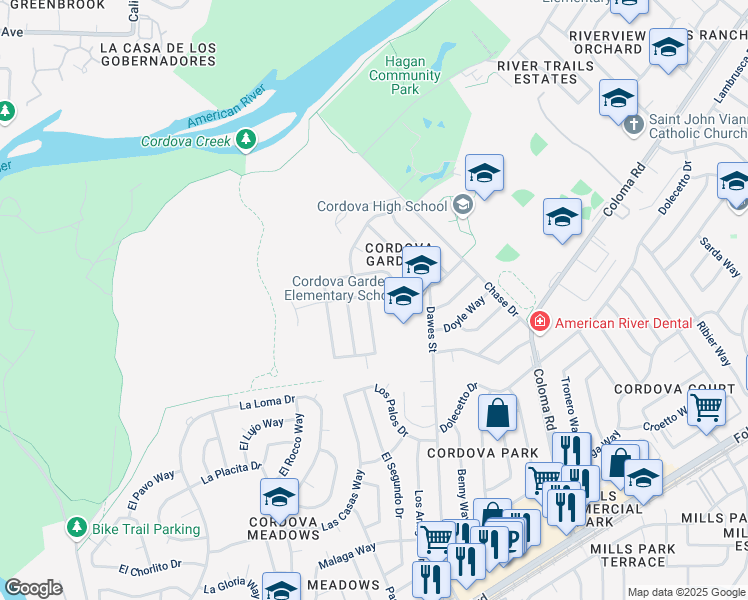 map of restaurants, bars, coffee shops, grocery stores, and more near 2400 Dawes Street in Rancho Cordova