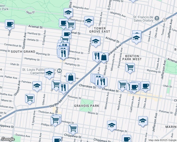 map of restaurants, bars, coffee shops, grocery stores, and more near 3269 Gravois Avenue in Saint Louis