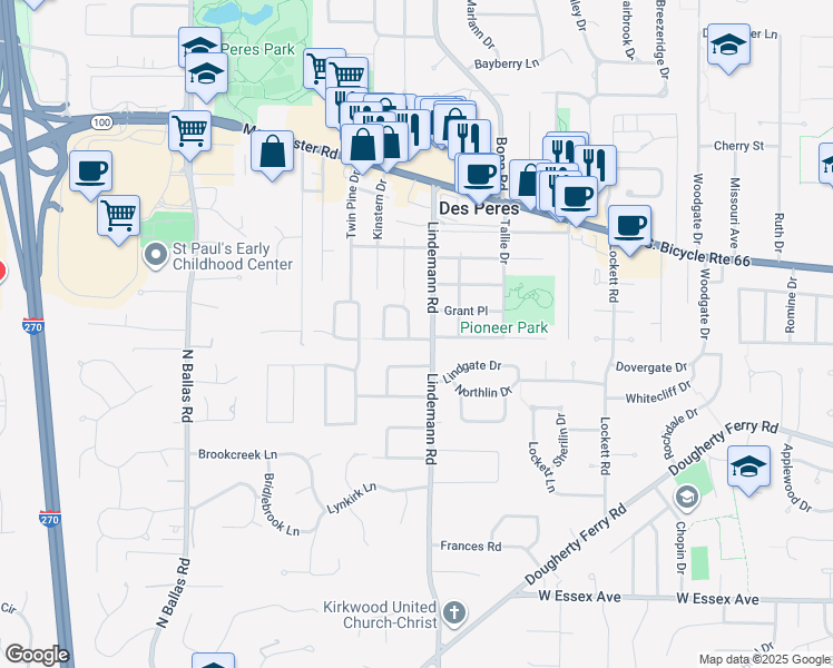 map of restaurants, bars, coffee shops, grocery stores, and more near 1705 Black Twig Lane in Kirkwood