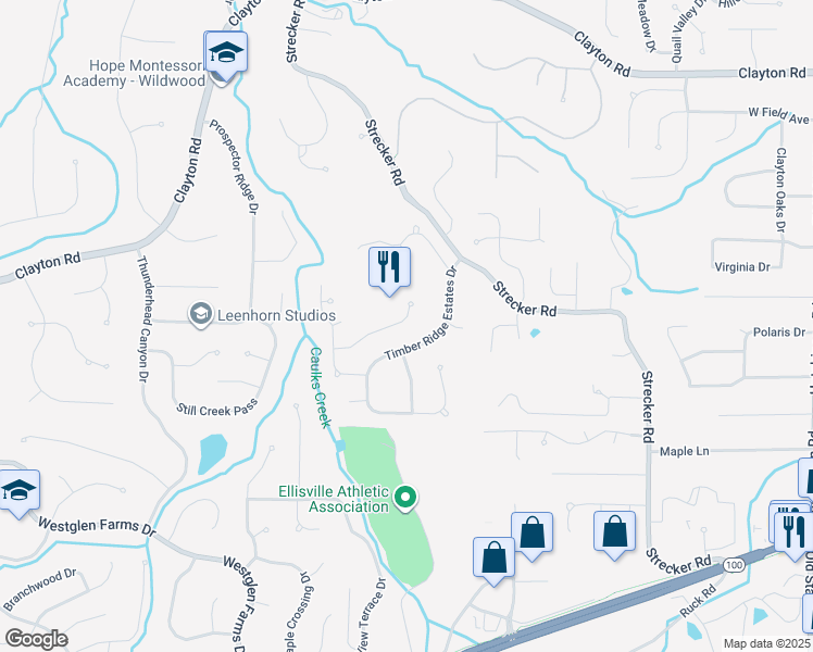 map of restaurants, bars, coffee shops, grocery stores, and more near 1667 Timber Ridge Estates Drive in Ballwin