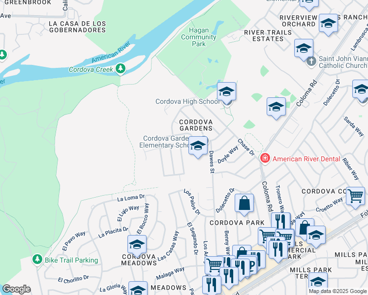 map of restaurants, bars, coffee shops, grocery stores, and more near 2400 Dawes Street in Rancho Cordova