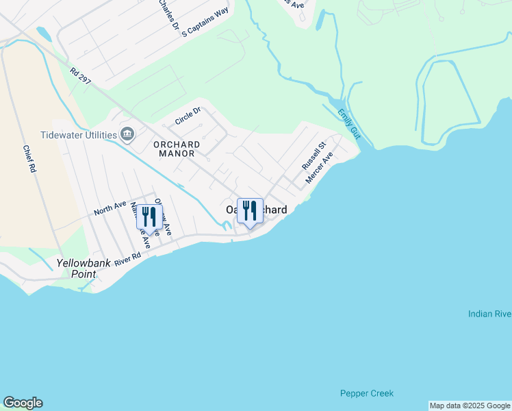map of restaurants, bars, coffee shops, grocery stores, and more near 32722 Oak Orchard Road in Millsboro