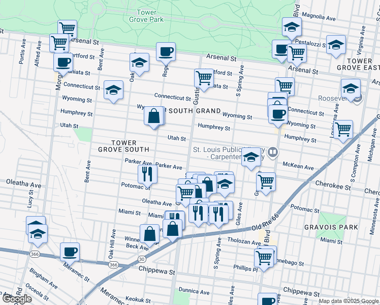 map of restaurants, bars, coffee shops, grocery stores, and more near 3890 McDonald Avenue in St. Louis