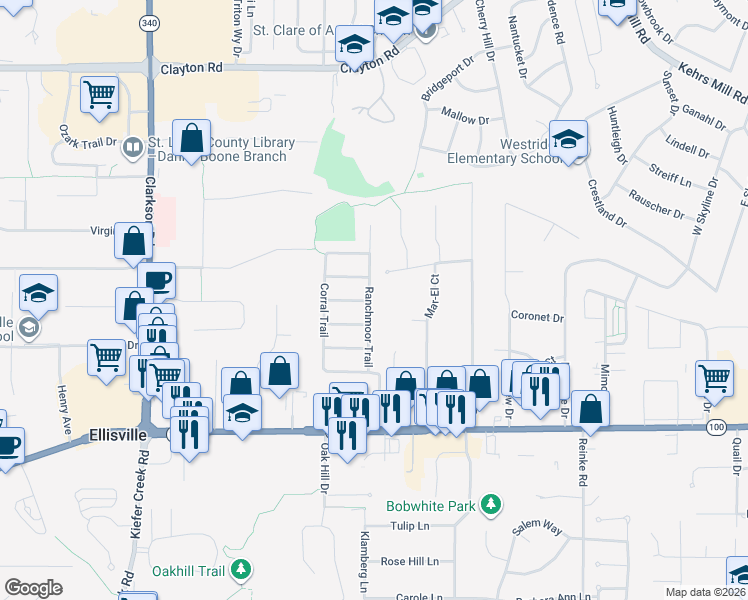 map of restaurants, bars, coffee shops, grocery stores, and more near 159 Ranchmoor Trail in Ellisville