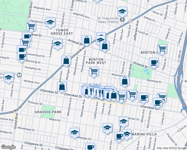 map of restaurants, bars, coffee shops, grocery stores, and more near 3215 Oregon Avenue in St. Louis
