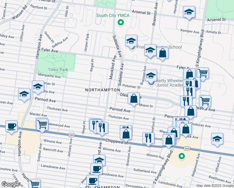 map of restaurants, bars, coffee shops, grocery stores, and more near 3433 Sublette Avenue in St. Louis