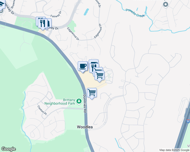 map of restaurants, bars, coffee shops, grocery stores, and more near 4226 Fortuna Village Center Plaza in Dumfries