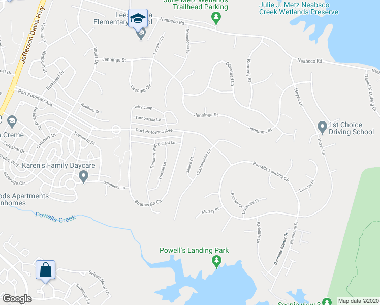 map of restaurants, bars, coffee shops, grocery stores, and more near 2114 Jellico Court in Woodbridge