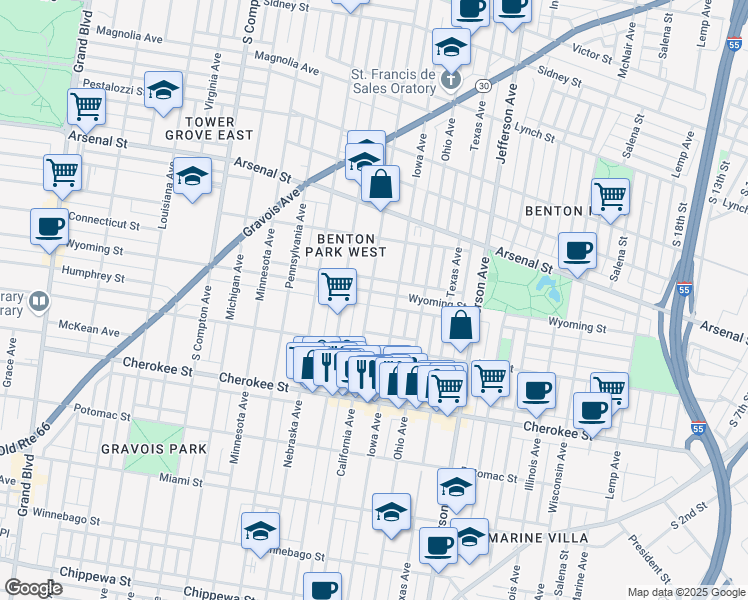 map of restaurants, bars, coffee shops, grocery stores, and more near 2756 Wyoming Street in St. Louis