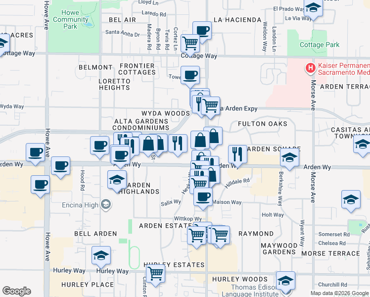 map of restaurants, bars, coffee shops, grocery stores, and more near 1701-1799 Killarney Ln in Sacramento