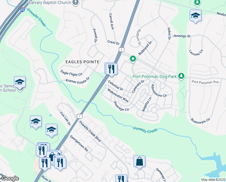 map of restaurants, bars, coffee shops, grocery stores, and more near 2760 Wakewater Way in Woodbridge