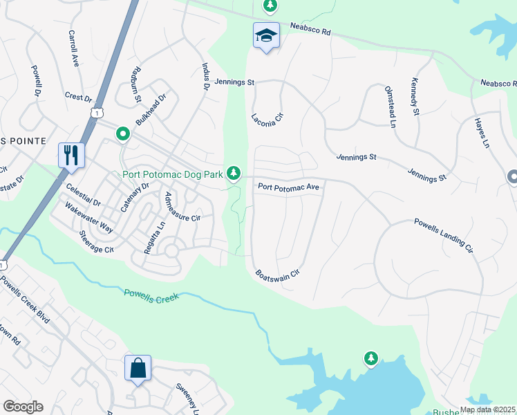 map of restaurants, bars, coffee shops, grocery stores, and more near 16508 Boatswain Circle in Woodbridge