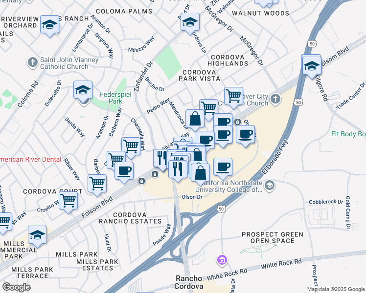 map of restaurants, bars, coffee shops, grocery stores, and more near 10701 Folsom Blvd in Rancho Cordova