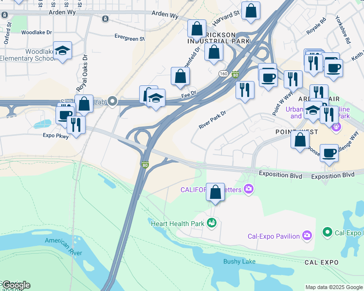 map of restaurants, bars, coffee shops, grocery stores, and more near in Sacramento