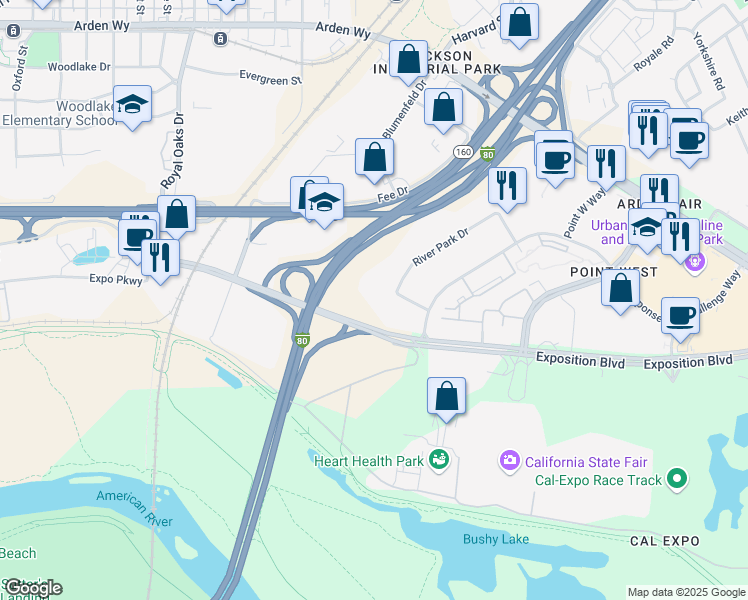 map of restaurants, bars, coffee shops, grocery stores, and more near 1425 River Park Drive in Sacramento